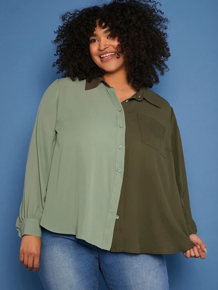 SHEIN FIT+ Plus Two Tone Patched Pocket Blouse | SHEIN