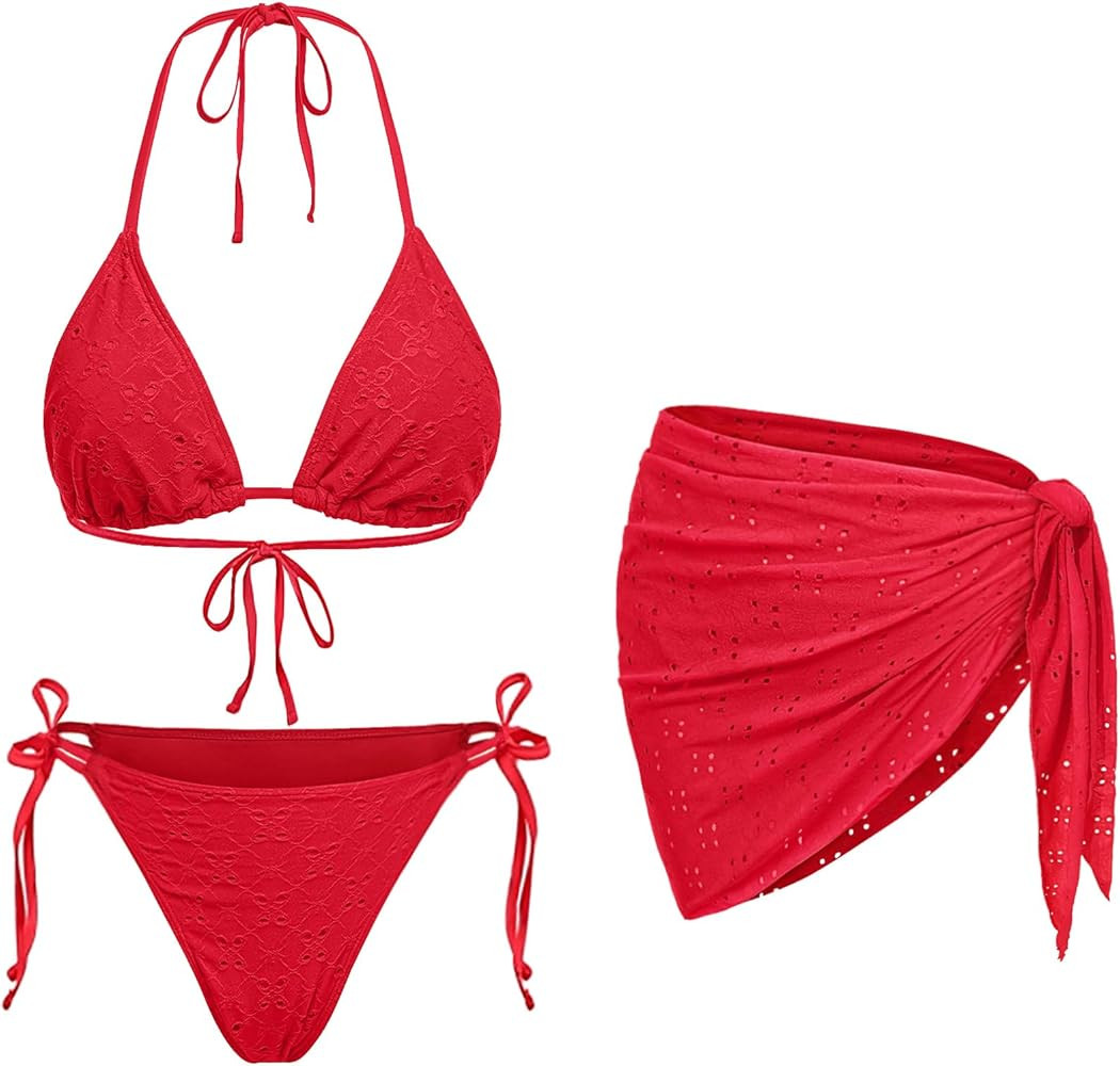 Women 3 Piece Swimsuits - Sexy Triangle Bikini Sets with Cover Up Halter String Tie Side Bathing ... | Amazon (US)