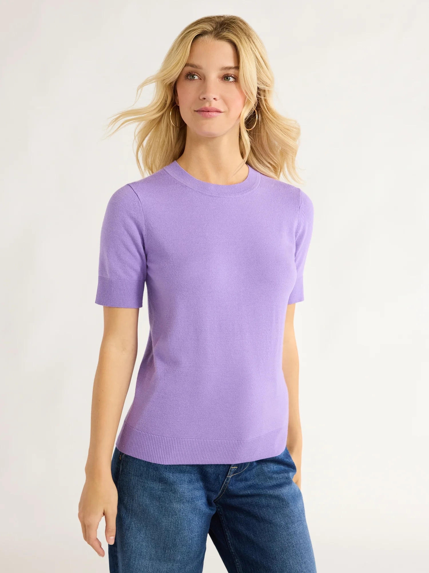 Free Assembly Women’s Cozy Yarn Shrunken Sweater Tee with Short Sleeves, Sizes XS-XXXL | Walmart (US)