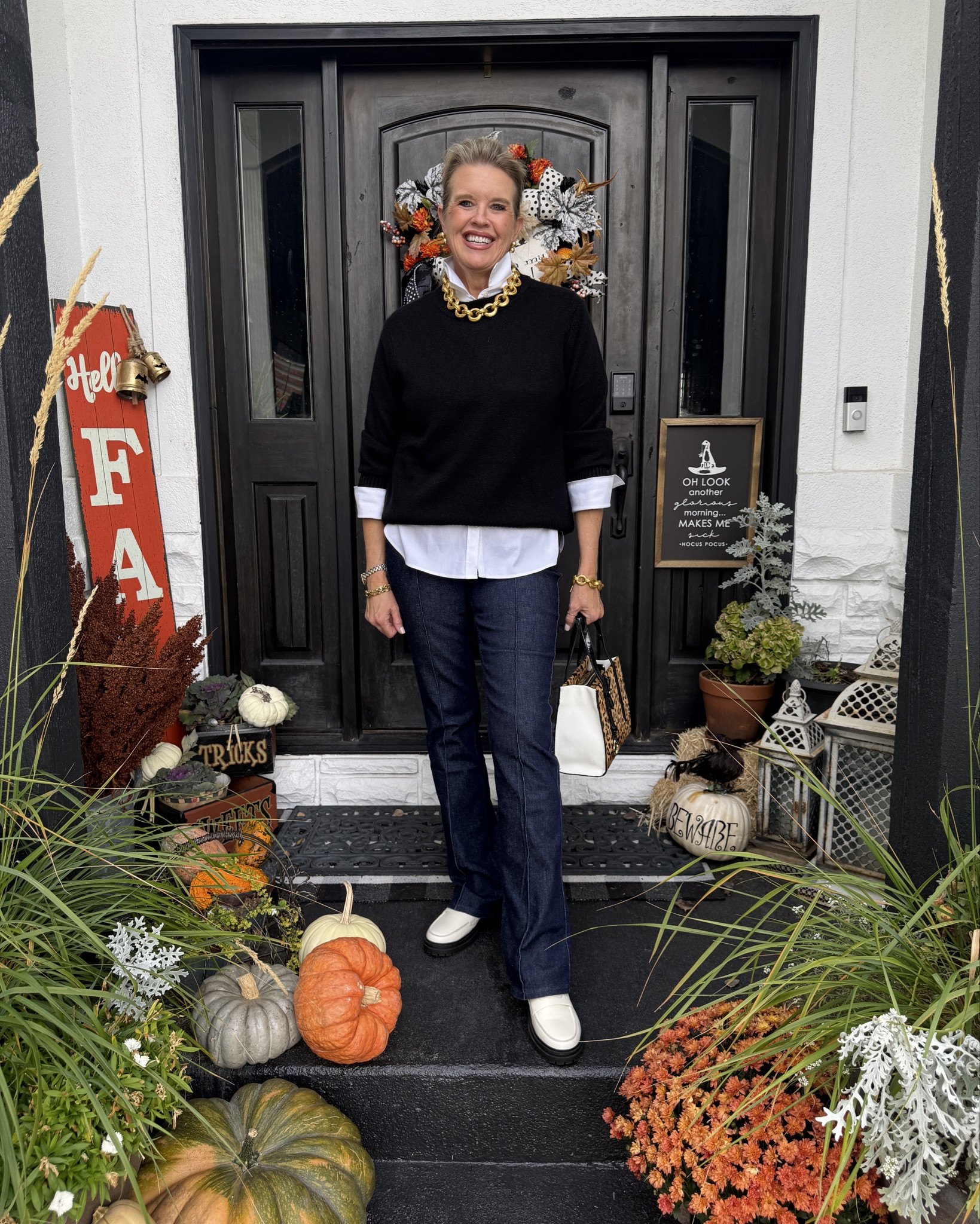 Sale and stackable 🚨 promo codes

 promo code: INFG-25DARCY10 (new customers will receive 10% off their first purchase, discount will stack on top of promo items. Promo code will not be applicable for existing customers.) And be sure to tag @onequince #QuincePartner 

Quince fall outfit Inspo 

Black/white/Navy combo

The black Fall sweater you’ll wear on repeat✔️

Cashmere mere and I don’t know how Quince makes such high quality Cashmere at such affordable prices! 
Fits tts Styled Accessories I am in a med 

Quince white leather platform loafers! So good and affordable comfortable and fit tts 

🚨Use code  INFG-25DARCY10  
New customers will receive 10% off their first purchase 

My Go to fall basics 
A Chicos white no iron button up
Tts is a size 0

Spanx dark denim with front seam detail and a slight flare 
Tts in a med 
🚨Use code Deardarcyxspanx to save 10% 

Leopard calf skin and white leather bag- handmade (one of a kind)
Linked similar 

Bold gold jewelry by Julie Vos 
Large link necklace and bracelet #LTKStyleTip 

#LTKSaleAlert #LTKWorkwear #LTKOver40