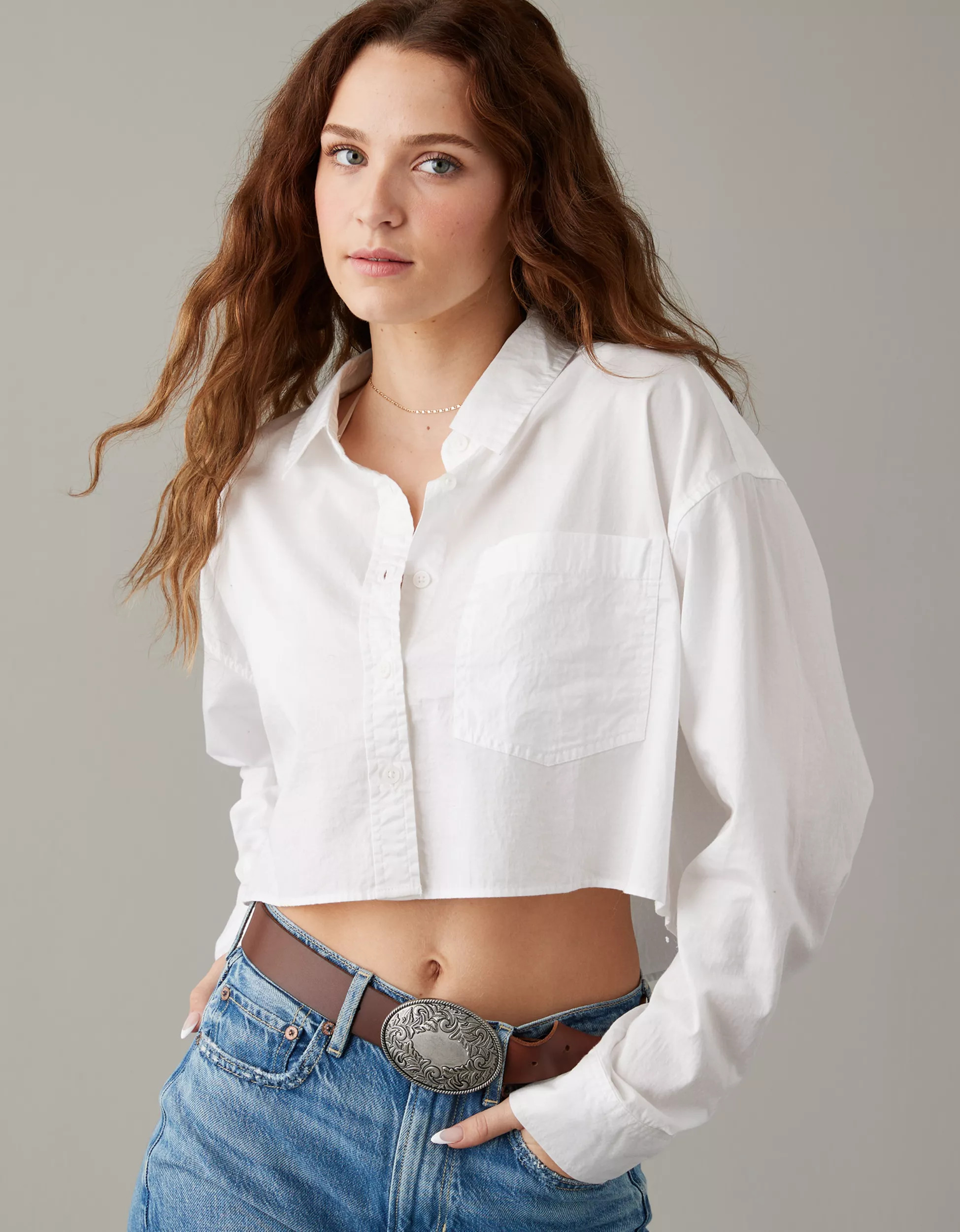 AE Cropped Perfect Button-Up Shirt | American Eagle Outfitters (US & CA)