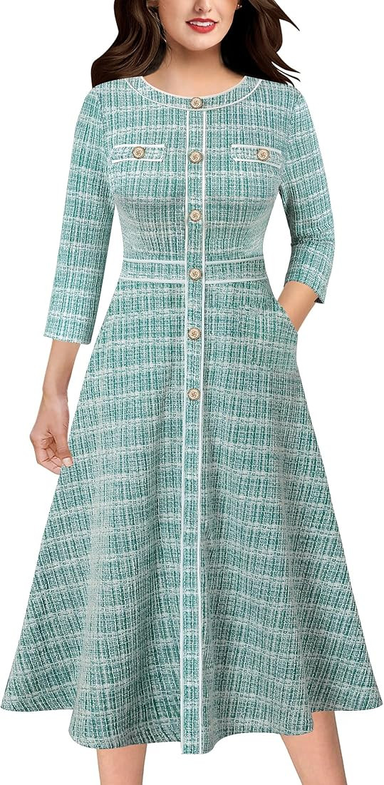VFSHOW Womens Buttons Patchwork Work Business Office A-Line Midi Crew Neck Professional Career Fit a | Amazon (US)