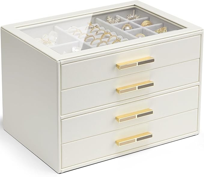 Vlando 4 Layer Jewelry Box for Women, Glass Lid Jewelry Organizer with 4 Drawers for Necklaces Ri... | Amazon (US)
