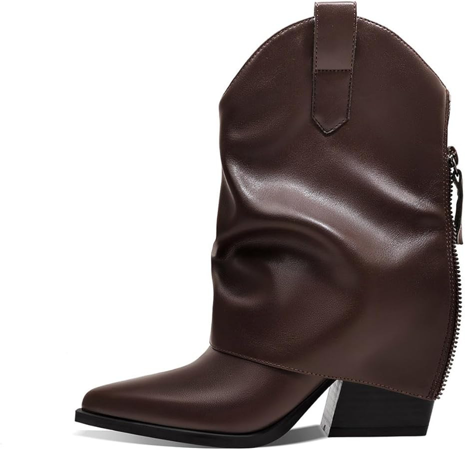 Womens Ankle Fold Over Boots Chunky Mid Heel Booties Retro Pointed Pointed Toe Side Zipper Short ... | Amazon (US)