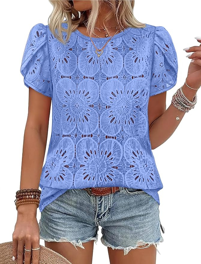OFEEFAN Blouses for Women Dressy Casual Petal Short Sleeve Shirts Crochet Lace Boho Tops Spring F... | Amazon (US)