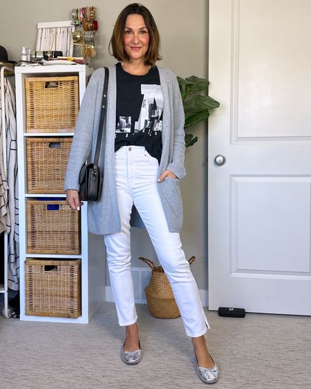 Spring outfit in black, white and grey! My cardi and jeans are both 50% off! 
I got this men’s graphic tee in XXL cause I wore it as a dress but it probably fits tts. My cardi is M (I have long arms) and I got the jeans in my usual size 27. Silver ballet flats fit tts and come in several colors. Also linked my bag plus similar that are more affordable.


#LTKstyletip #LTKitbag #LTKshoecrush