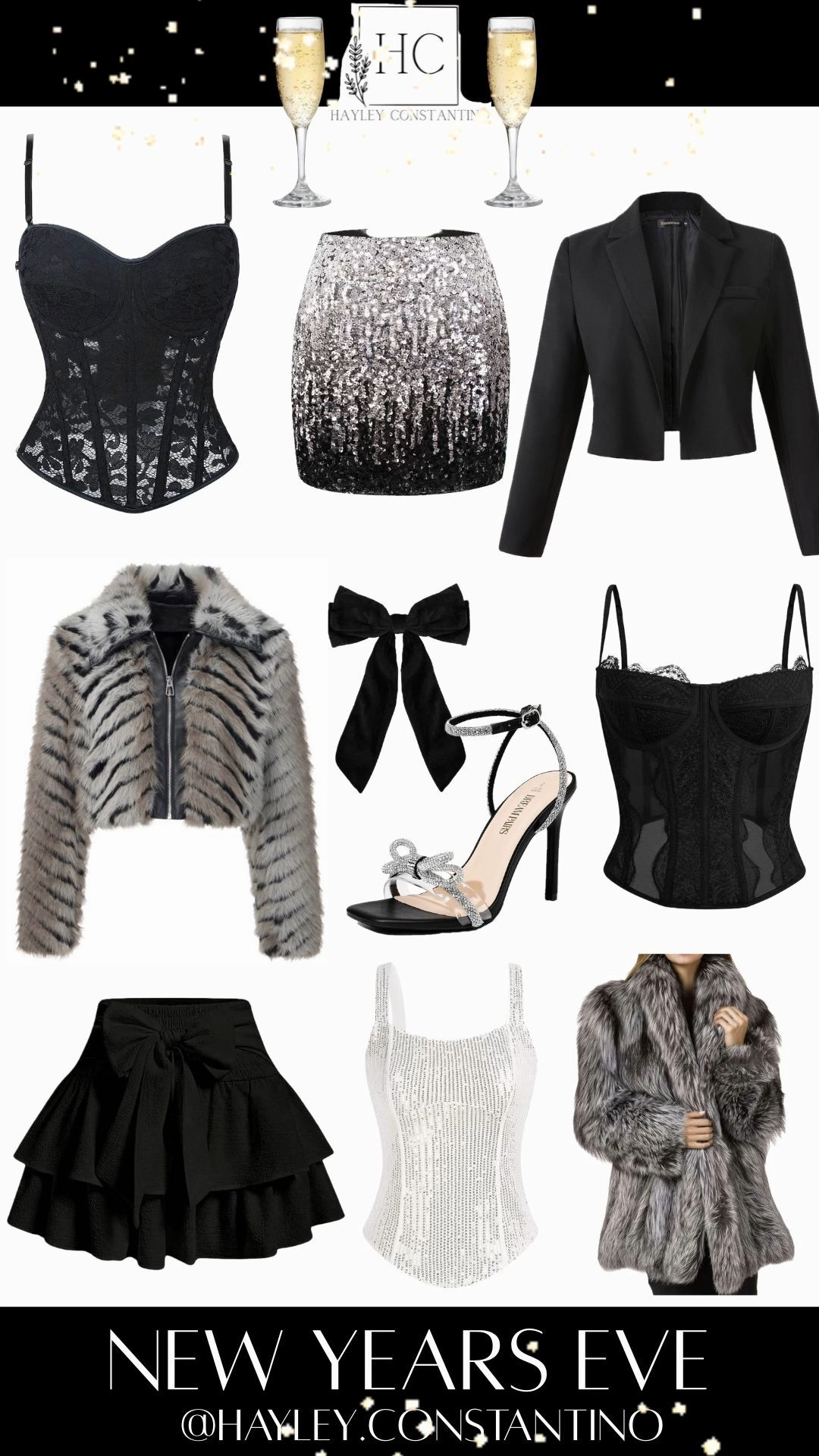 New Year. New memories. New glow.
2026 is calling… and she wants you sparkling. ✨🍾 

Turn the countdown into a full-on main character moment with these New Year’s Eve essentials that practically guarantee a magical start to 2026 ✨

Think sparkle, structure, sass, and a little bit of drama…

💎 Corsets that command attention – sleek black lace and shimmering white sparkle bodysuits that sculpt, snatch, and make every entrance unforgettable.

✨ Party skirts & sequin minis – flirty, twirly, and unapologetically fun. Whether you want full glam glitter or chic black with a statement bow, these are made for dancing through midnight.

🖤 The power blazer & statement bow – polish your party look with a chic cropped blazer or add a playful feminine touch with a velvet bow. Effortless glamour, zero effort required.

🐺 Faux fur fantasy coats – because drama at the door is a must. Soft, luxe, cozy, and totally “who is she?” energy.

👠 Crystal heels – sparkly straps, glam shine, and legs that look miles long. The final touch to stepping into a brand new year like you own it.

This collection is all about confidence, sparkle, and celebrating YOU. Dress up. Go out. Toast to what you’ve survived, what you’ve achieved, and the incredible year ahead.
