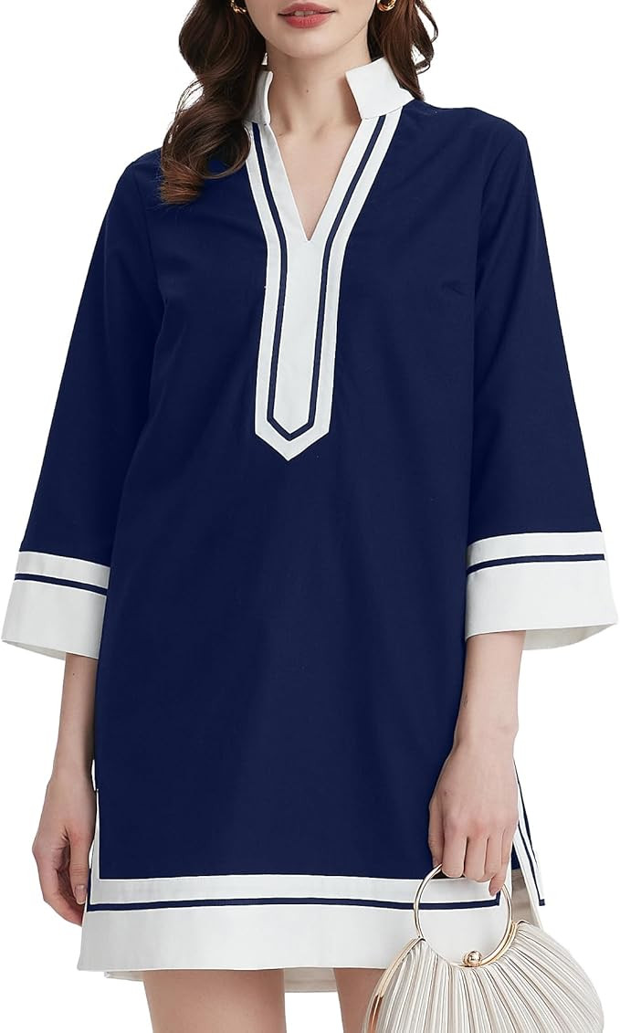 Kedera Women's Linen Shift Dress V Neck 3/4 Sleeve Deep V Neck Casual Mini Collared Dress for Sum... | Amazon (US)