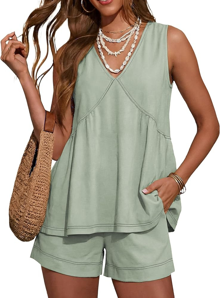 Hooever Women's 2 Piece Outfits Sleeveless V Neck Ruffle Sets Summer Contrast Stitching Tunic Top... | Amazon (US)