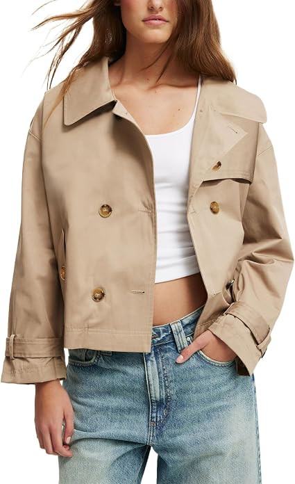 Cropped Trench Coat for Women Double Breasted Notched Lapel Casual Fall Jackets Loose Short Jacke... | Amazon (US)