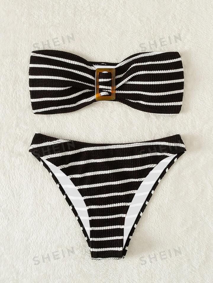SHEIN Swim Striped Textured Bandeau Bikini Swimsuit | SHEIN