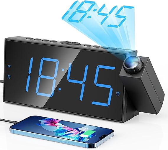 Digital Projection Alarm Clocks for Bedrooms - Large LED Display, 180° Rotatable Projector, 5-Le... | Amazon (US)