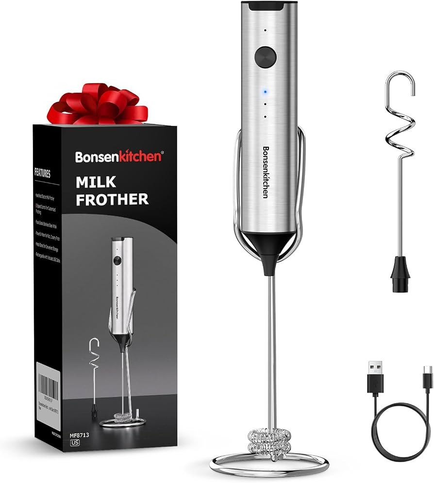 Bonsenkitchen Rechargeable Milk Frother with Stand, 3-Speed Handheld Coffee Frother, Dual Spring ... | Amazon (US)
