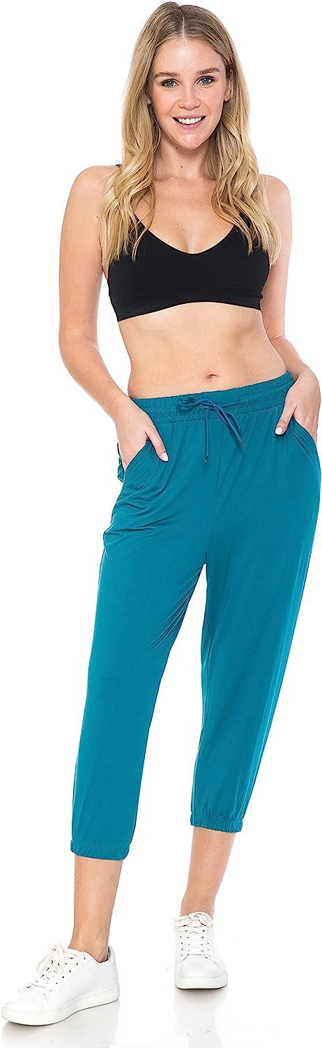 Amazon.com: Leggings Depot Women's Cropped Capri Jogger Track Cuff Sweatpants w/Pockets-JCA-Teal-... | Amazon (US)