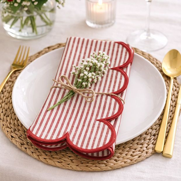 Scalloped Red Striped Cloth Napkin Set of 4 | Antique Farm House