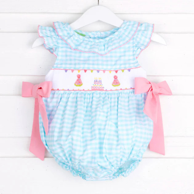 Birthday Party Smocked Beverly Bubble Aqua Check | Classic Whimsy