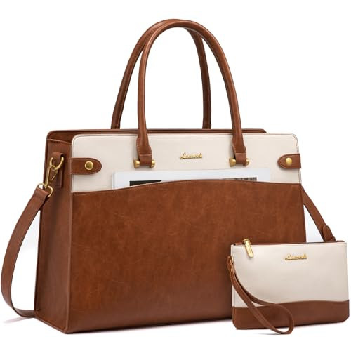 LOVEVOOK Laptop Bag for Women, Vintage Leather Laptop Tote Bag Work Bags for Women, Waterproof Computer Bag Business Office Briefcase Large Shoulder Handbag Purse, 15.6 Inch, Brown-Beige | Amazon (US)