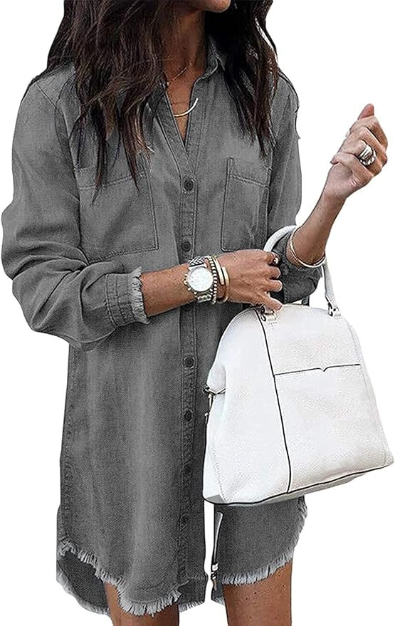 Women Denim Shirt Dresses Long Sleeve Distressed Jean Dress Button Down Casual Tunic Top | Amazon (US)