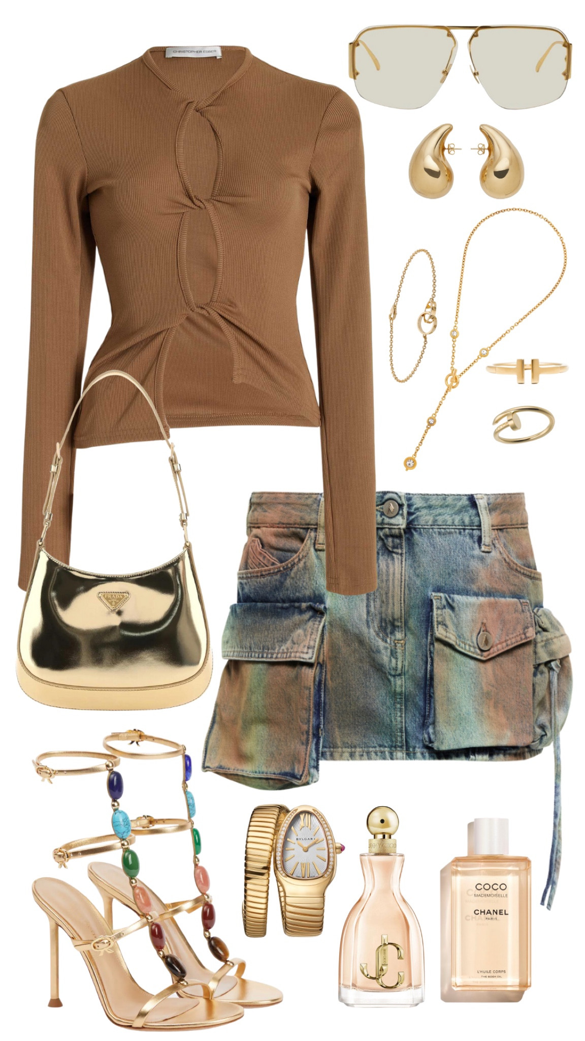 christopher esber top 
the attico skirt 
prada cleo bag 
gianvito rossi sandals
bottega veneta sunglasses + earrings 
bulgari serpenti watch 
cartier ring + bracelet 
jimmy choo I want choo perfume 
chanel body oil 
ben-amun necklace 

#LTKFind #LTKstyletip #LTKSeasonal
