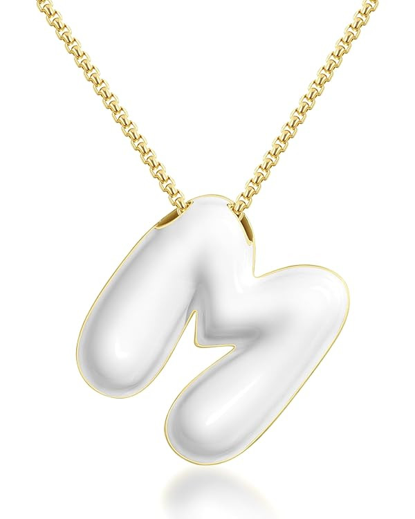 KissYan Bubble Letter Necklace, 14K Gold Plated Enamel Initial Pendant Box Chain Necklace Dainty ... | Amazon (US)