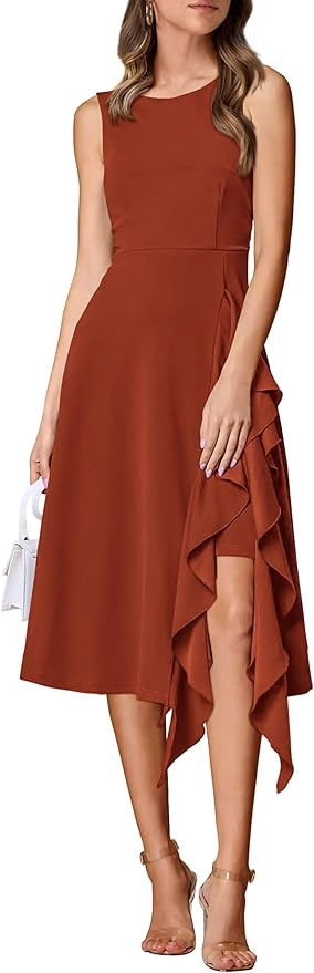 PRETTYGARDEN Women's Midi Summer Dresses Sleeveless Flared A Line Asymmetrical Ruffle Flowy Cockt... | Amazon (US)