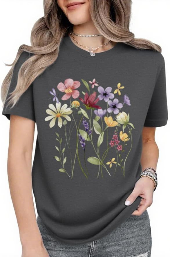 Women Floral Graphic Tee Short Sleeve T Shirts Vintage Wildflower Flowers Printed Summer Tops Tsh... | Amazon (US)