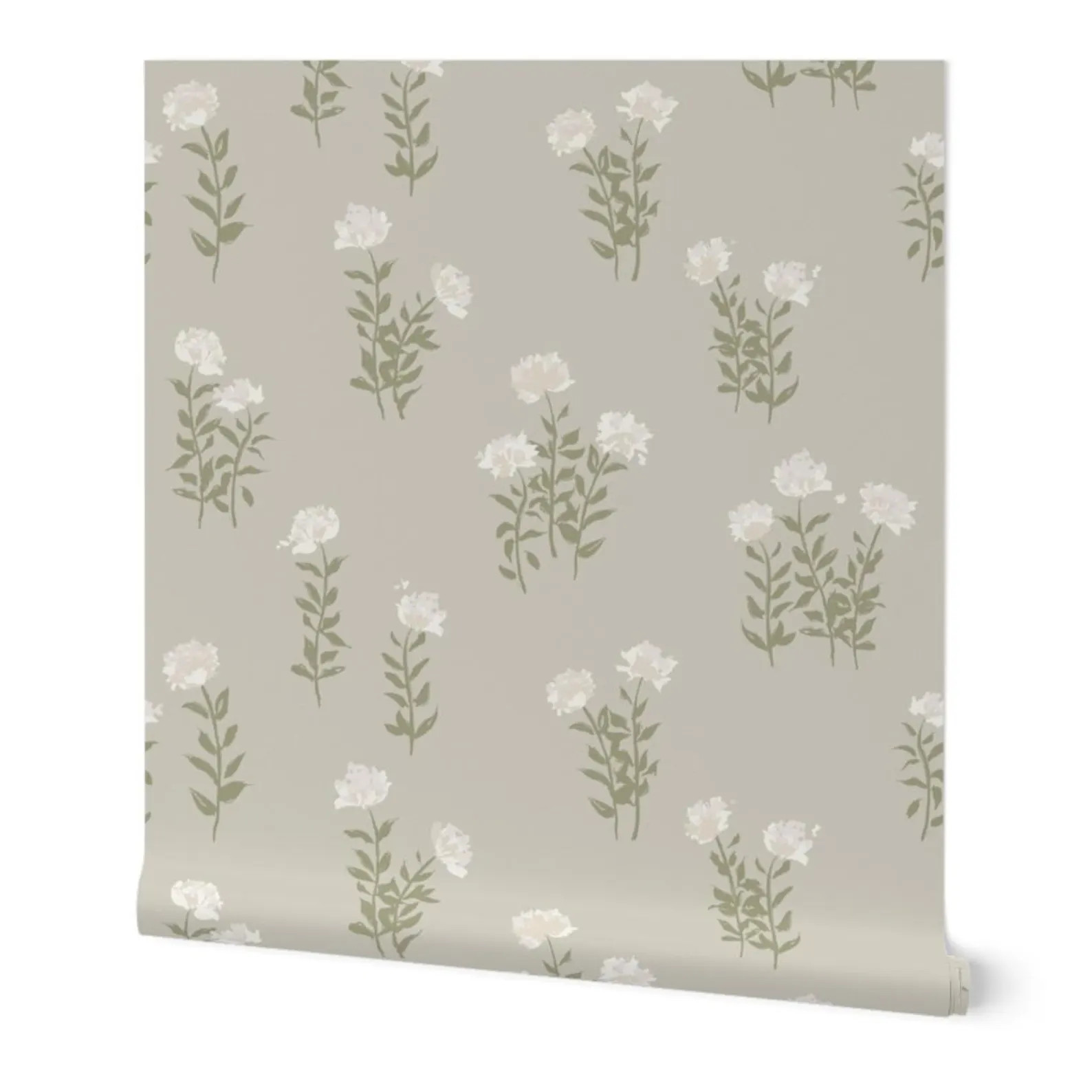 Cream White Peonies, Olive Green Taupe Beige Wallpaper, Calm Nursery Floral Wallpaper, Neutral Mi... | Etsy (US)