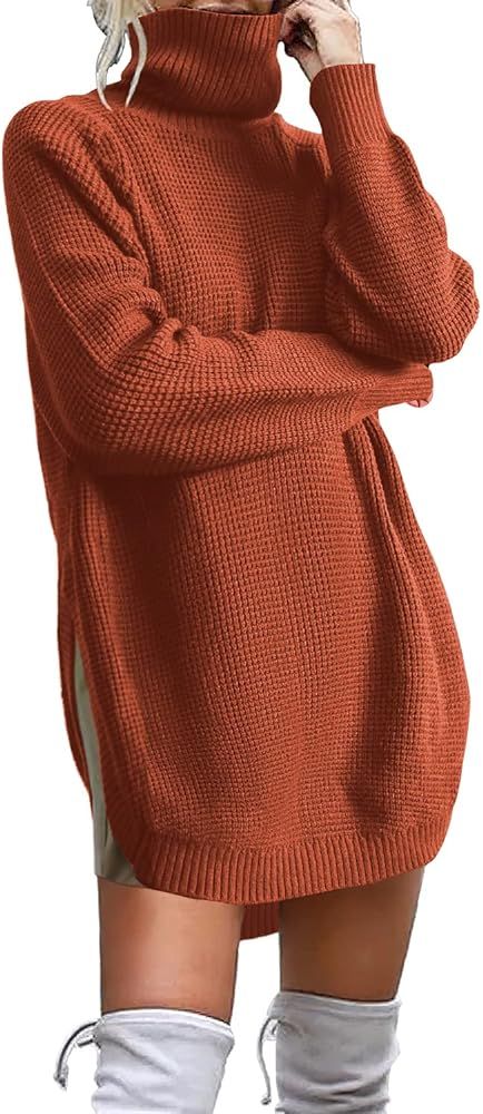 KIRUNDO 2022 Fall Winter Women's Casual Waffle Knit Turtleneck Sweater Long Sleeve Solid Side Spl... | Amazon (US)