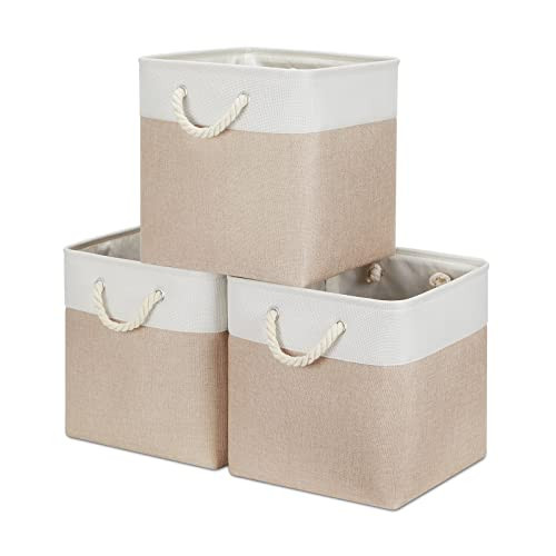 Bidtakay Fabric Storage Baskets for Organizing Beige 13 Inch Collapsible Square Baskets 3 Pack Organization Bins Large Cube Storage Bins Closet Baskets for Shelves Clothes | Amazon (US)