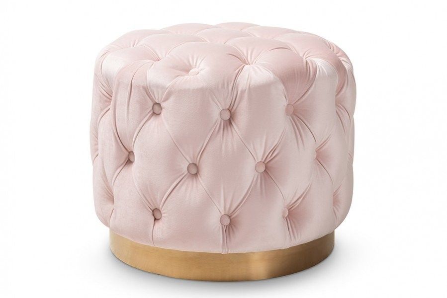 Baxton Studio Valeria Glam Light Pink Velvet Fabric Upholstered Gold-Finished Button Tufted Ottoman | 1stopbedrooms