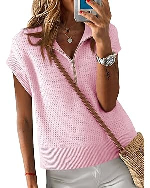 Langwyqu Womens Short Sleeve Cropped Knit Tops Half Zip Cap Sleeve Lightweight Oversized Sweater ... | Amazon (US)
