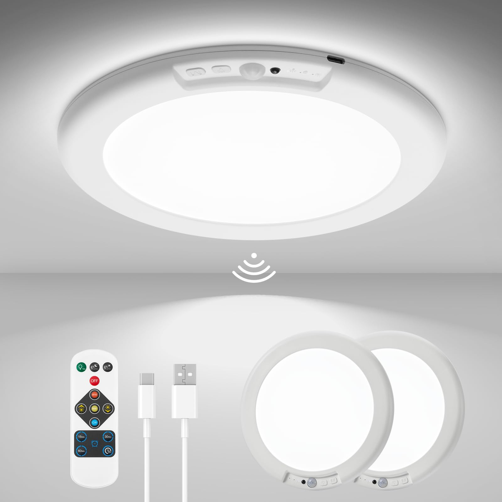 wowatt 2Pcs Battery Operated Ceiling Lights Rechargeable Motion Sensor Light Indoor Wireless Show... | Amazon (US)