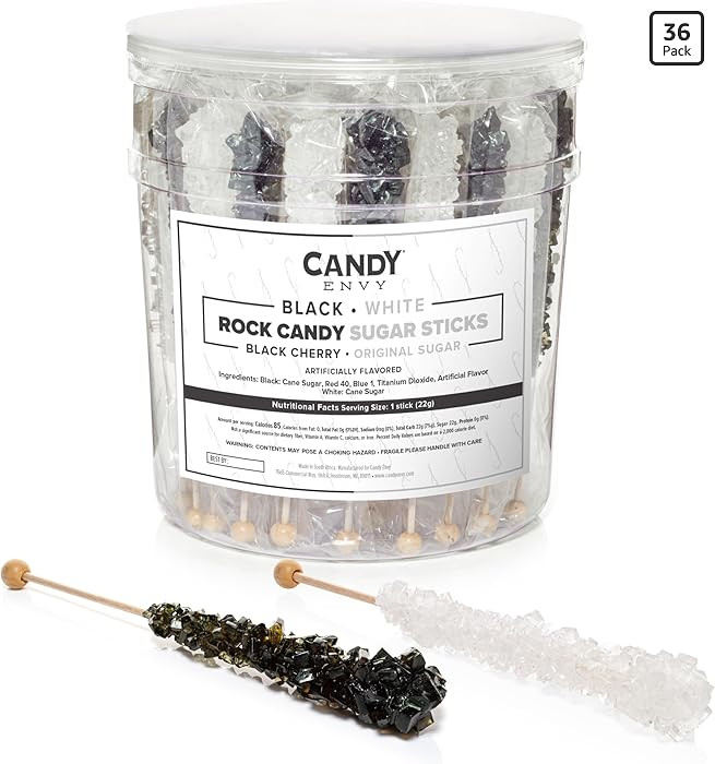 Black and White Rock Candy Sugar Sticks - 36 Individually Wrapped Candy - Black Cherry & Original... | Amazon (US)