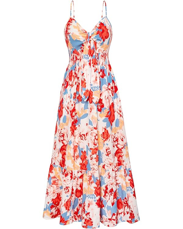 GRACE KARIN Women's 2024 Summer Beach Dress Floral V Neck Tie Front Spaghetti Strap Flowy Long Dr... | Amazon (US)