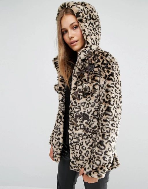 QED London Leopard Faux Fur Coat with Pom Poms | ASOS US