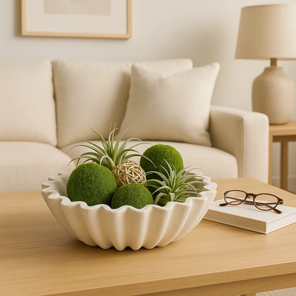 Pottery & Paper Mache Decorative Bowl - Modern Glam Fluted Design - 13" Ivory & Tan Accent For Ho... | Wayfair North America