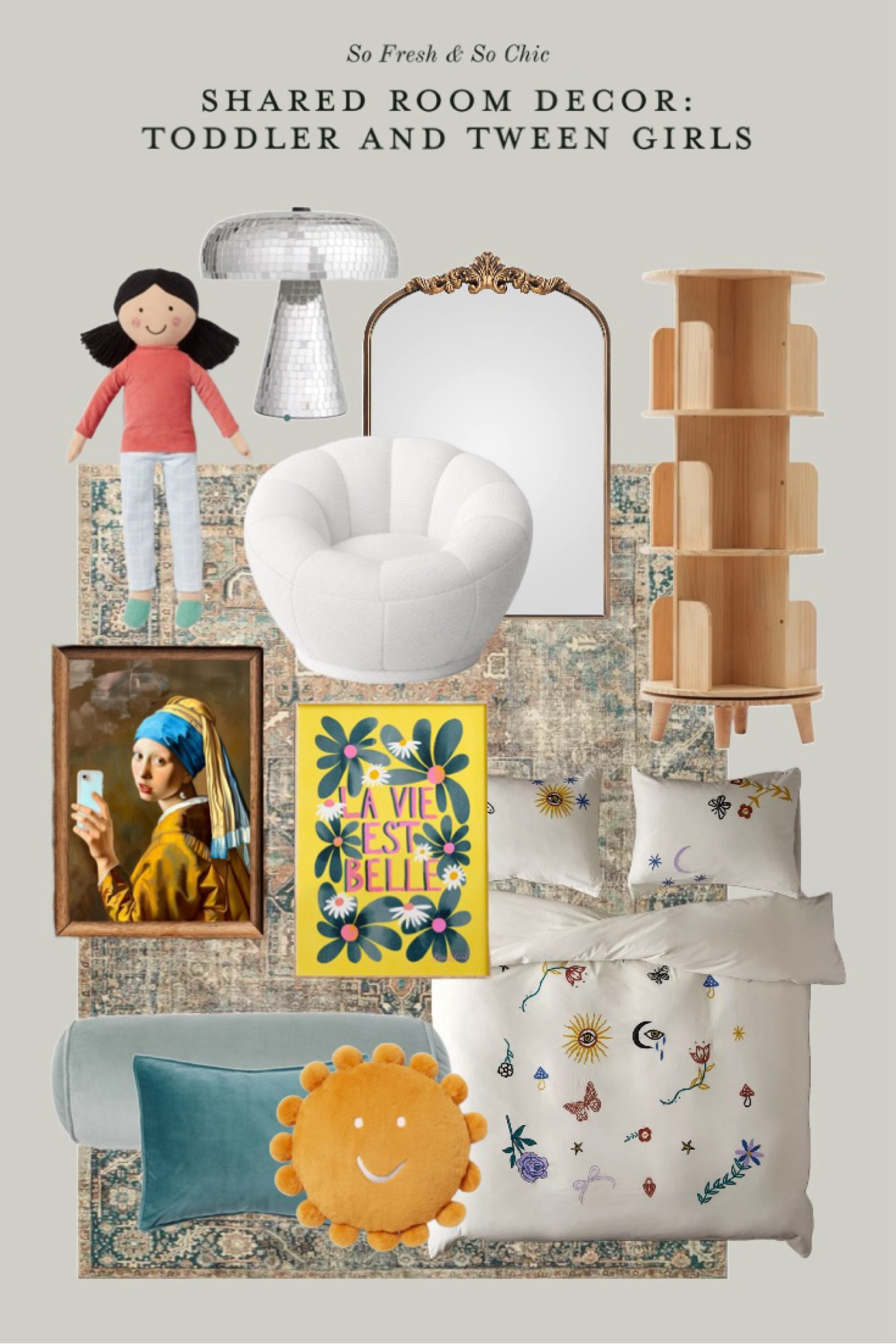 Redesigning my girls’ room! One is 3, the other is 9. 
-
Shared room design - kids room decor - affordable kids room - rotating bookshelf - Loloi cloudpile rug - printable art - Etsy Art - fun vintage art - La vie est belle art - girls room decor - tween girls room
- arched mirror - Anthropologie mirror dupe - soft doll - target kids room decor - pillowfort finds - target finds - curved tulip chair kids - cozy velvet throw pillows - bolster pillow - traditional rug - embroidered bedding urban outfitters - disco lamp - silver mirror table lamp - eclectic kids room decor - Amazon home - Etsy finds - Wayfair finds - kids room decor refresh 

#LTKHome #LTKKids #LTKFindsUnder100