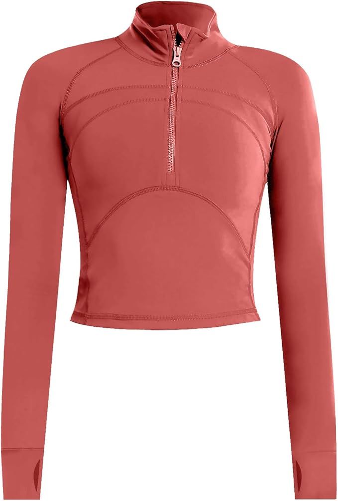Women's Cropped Workout Jacket 1/2 Zip Pullover Running Athletic Outwear Slim Fit Long Sleeve Yog... | Amazon (US)