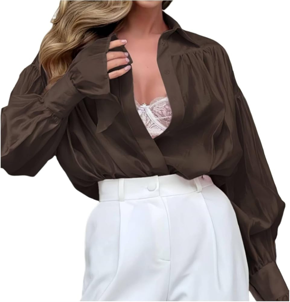 Oversized Collared Sheer Shirt See Throught Button Down Shirts Y2k Women Vintage 2000s | Amazon (US)
