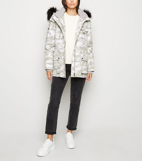 Light Grey Camo Faux Fur Trim Parka Coat | New Look | New Look (UK)