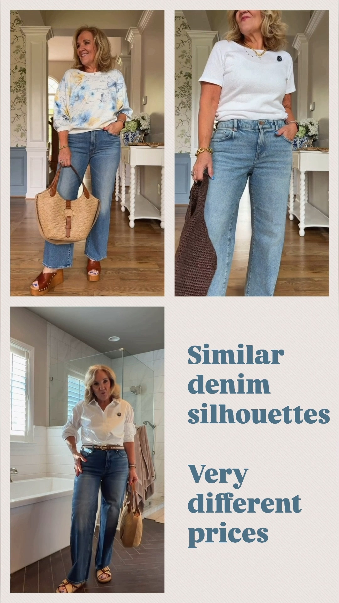 Top left:mother jeans. I sized up to a 30 regular a bit more subtle leg shaping on this one 
Top right: a relaxed straight leg mid rise westing an 8 petite 
Bottom left: relaxed straught higher rise (but not real high) and prob more stretch than the other 2 wearing a 29 waist 28 inseam 

#LTKOver40 #LTKPetite #LTKootd