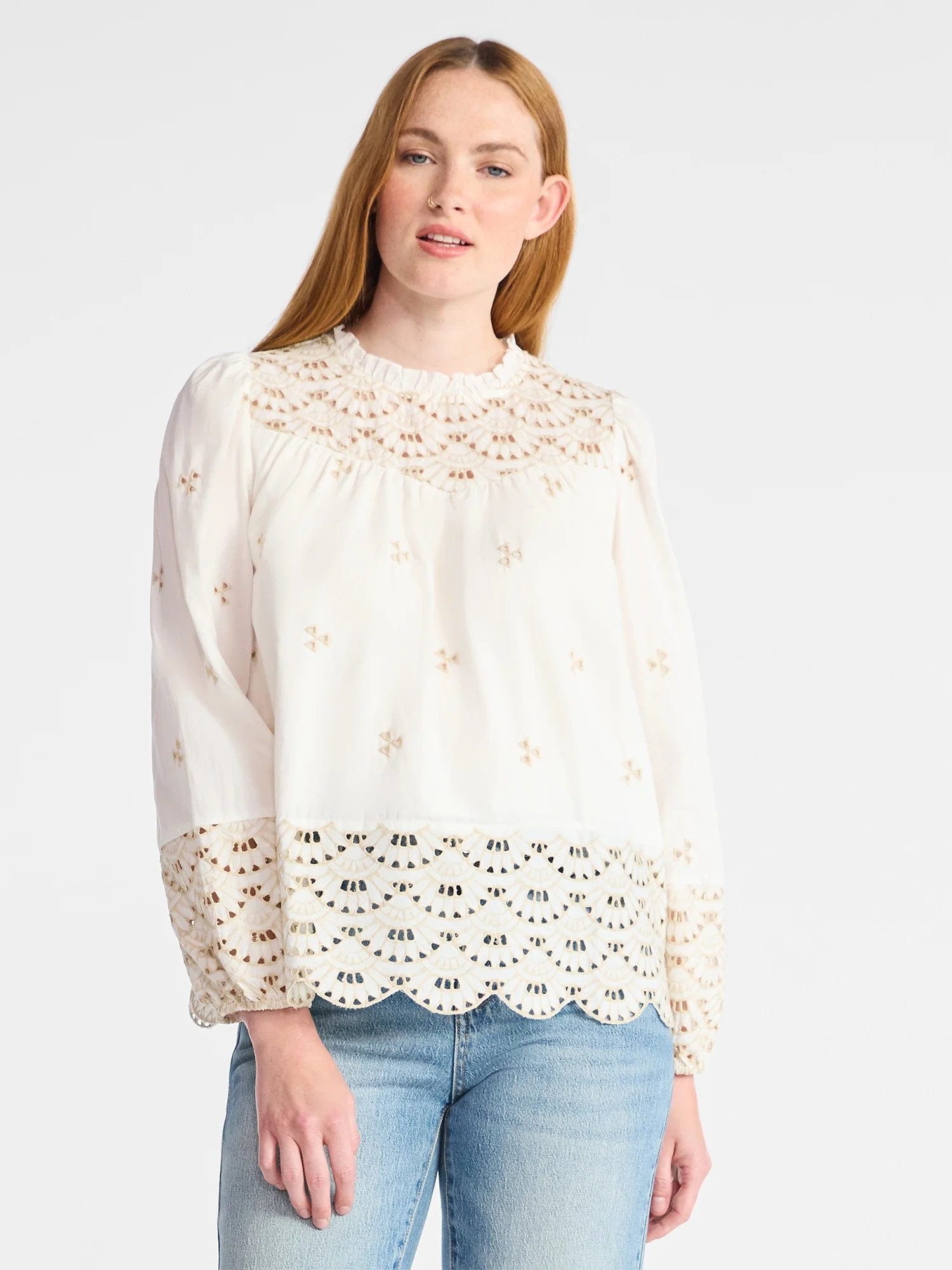 Time and Tru Women's Cotton Eyelet Blouse with Long Sleeves, Sizes XS-XXXL | Walmart (US)