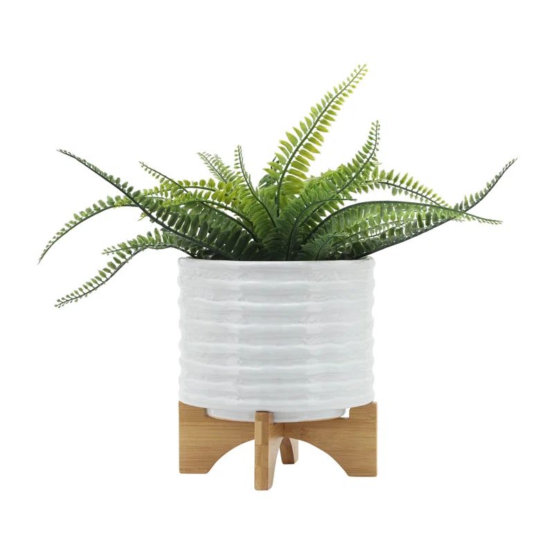 Dodd Raised Ceramic Planter Pot on Interlocked Wood Stand, Indoor/Outdoor Planters | Wayfair North America