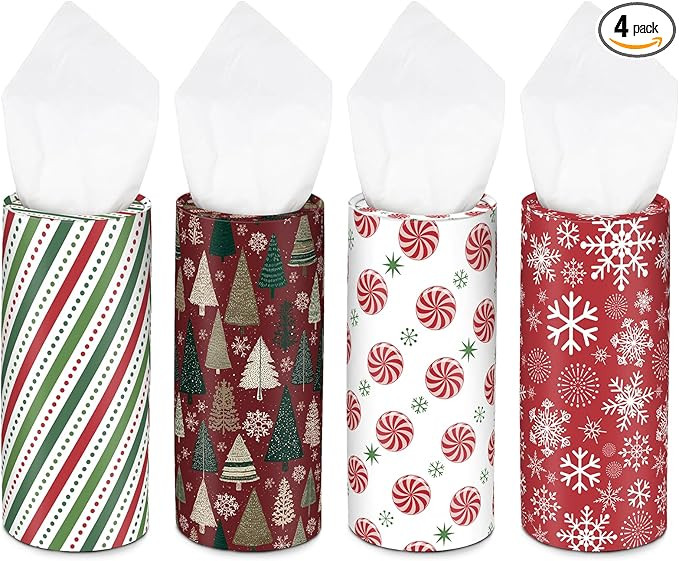 4-Pack Christmas Car Tissue Holders with Facial Tissues, Round Cup Holder Boxes with Snowflake, C... | Amazon (US)