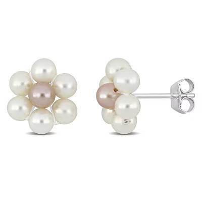 EVERLY JEWELRY | Sterling Silver 3 -4MM White & Pink Flower Design Cultured Freshwater Stud Pearl Earrings | Target