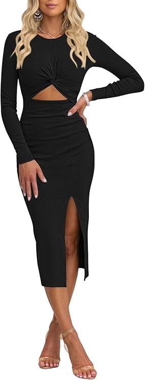 Pink Queen Women's Crew Neck Long Sleeve Midi Dress Cutout Twist Front Bodycon Slit Pencil Ribbed... | Amazon (US)