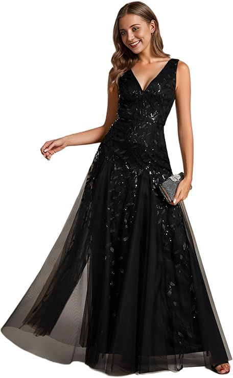 Ever-Pretty Women's Sexy Sleeveless V-Neck Evening Gowns Empire Waist Sequin Embroidery Formal Dr... | Amazon (US)