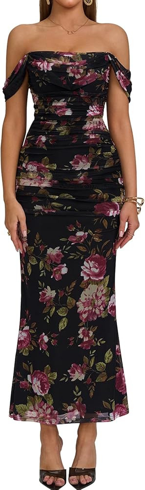 KUTUMAI Off The Shoulder Maxi Long Dress Corset Ruched Bodycon Formal Wedding Guest Dresses for W... | Amazon (US)