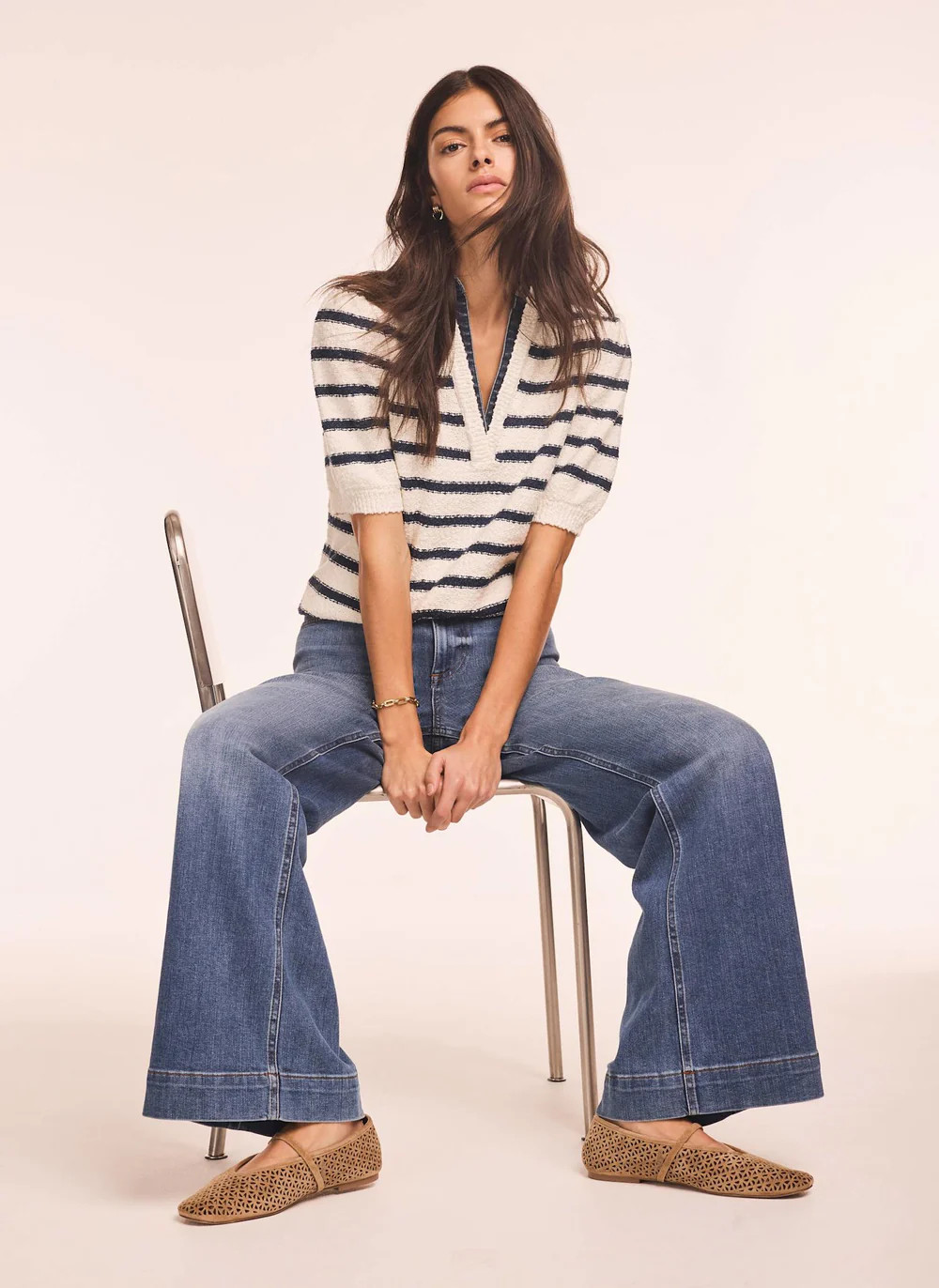 Cream Striped Knit Denim Detail Tops | Mint Velvet