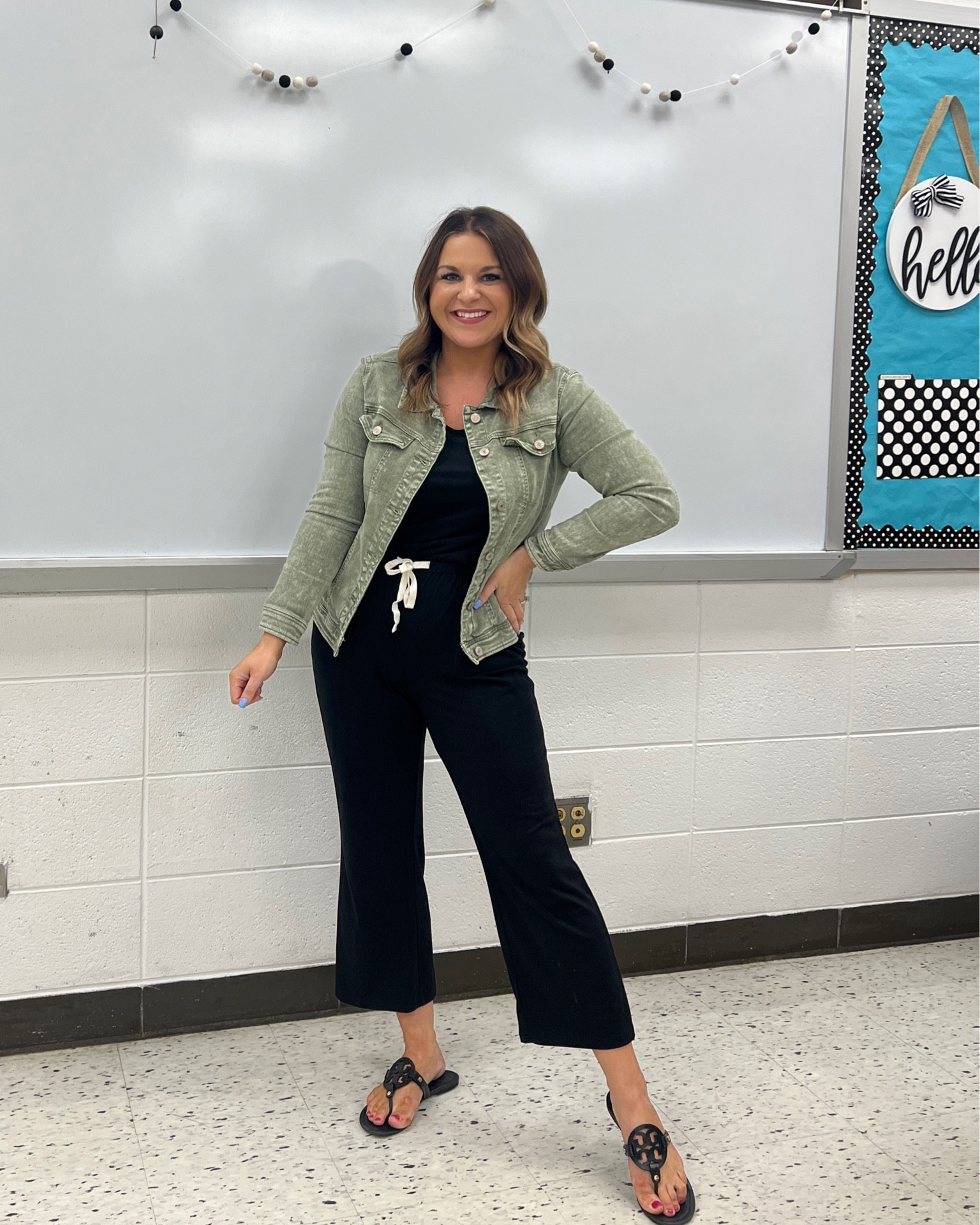 Jumpsuit, black jumpsuit, denim jacket, olive jacket, green jacket, Tory Burch, miller‘s teacher, outfit, teacher outfit, Inspo, teacher outfit. OOTD. 

#LTKFind #LTKstyletip #LTKSeasonal